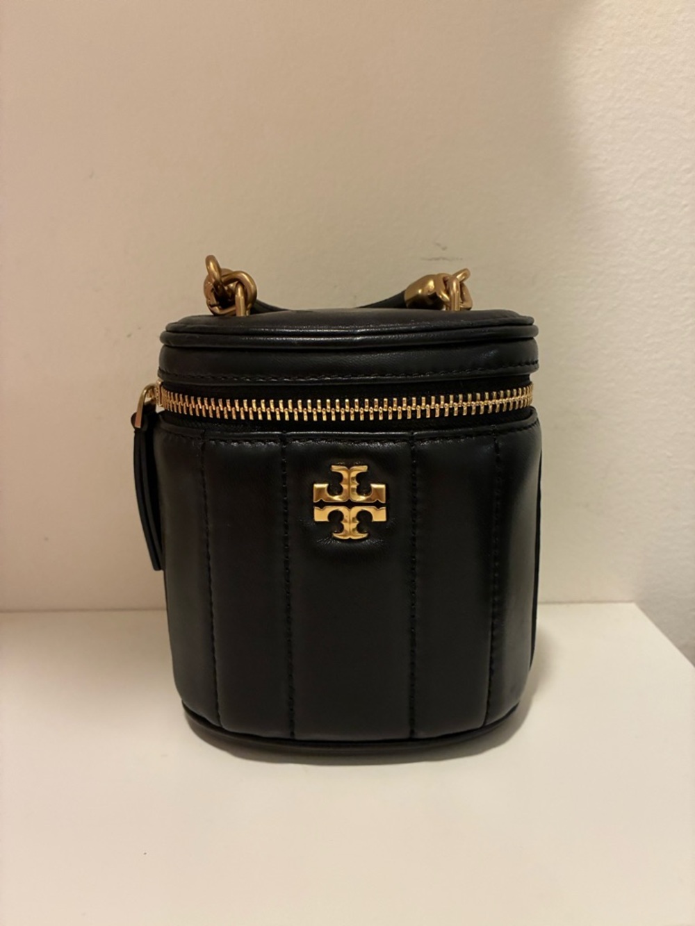 Tory Burch Black Quilted Mini Top Handle Vanity with Gold Hardware